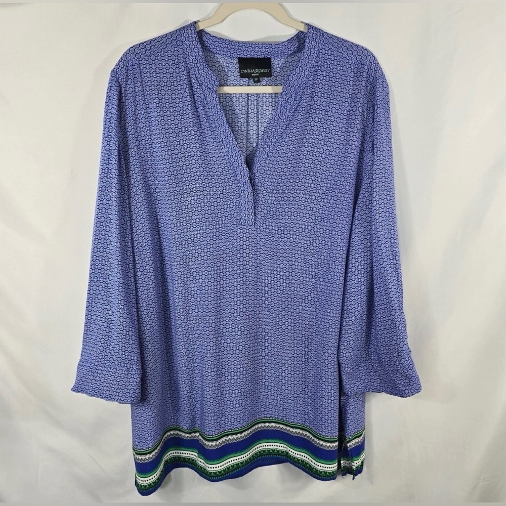 Cynthia Rowley Women’s Plus Size 2X Blue Geometric Print Tunic Top Rayon Blouse
